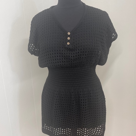 Black Crochet Knit Mini Dress Cover Up Size XL Short Sleeve Button Front - Picture 1 of 6